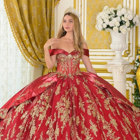 New Burgundy Off Shoulder Quinceanera Satin Dress w/ Pleated Straps GL3791 - Picture 8 of 15